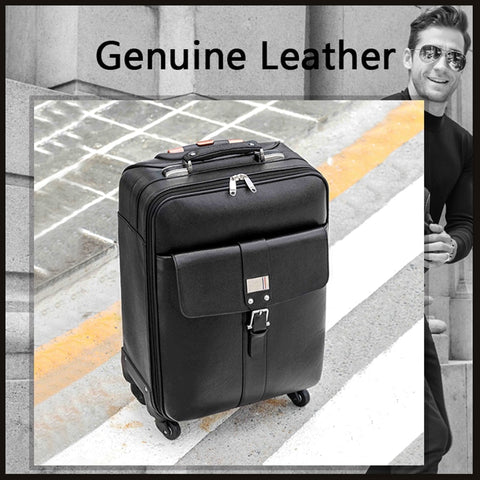 Letrend New Fashion Luxury Cow Leather Genuine Leather Rolling Luggage Trolley Business Boarding