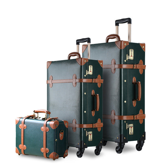 3Pcs/Set Vintage Pu Travel Luggage,12"Make-Up Bag & 20" 26" Retro Trolley Suitcase Bags With