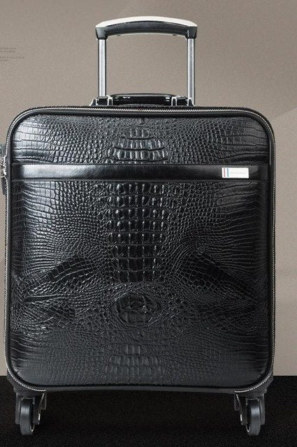 Men Leather Crocodile Pattern Spinner Travel Luggage Tsa Lock Zipper Carry-On Luggage
