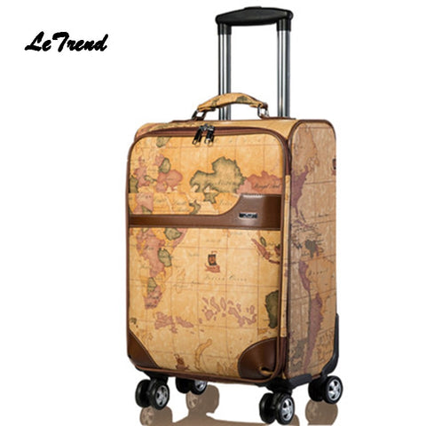 Letrend Pu Leather Rolling Luggage Spinner Wheels Suitcases Retro Student Trolley Korean Trunk