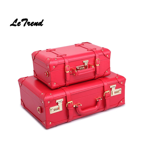 Letrend Red Wedding Suitcase Wheels Women Vintage Leather Trolley Travel Bag Student Password Trunk