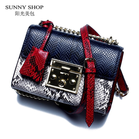 Sunny Shop Genuine Leather Women Bag With Curb Chain Fashion Serpentine Small Gold Color Chain