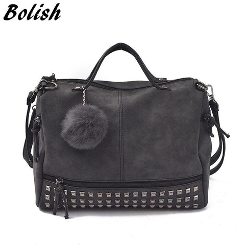 Bolish Vintage Nubuck Leather Female Top-Handle Bags Rivet Larger Women Bags Hair Ball Shoulder Bag