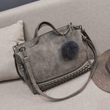 Bolish Vintage Nubuck Leather Female Top-Handle Bags Rivet Larger Women Bags Hair Ball Shoulder Bag