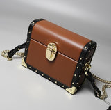New Style Genuine Leather Fashion Rivets Box Shape Buckle Ladies Chain Purse Shoulder Bag Women'S