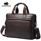 Bison Denim Genuine Leather Briefcases 14" Laptop Handbag Men'S Business Crossbody Bag