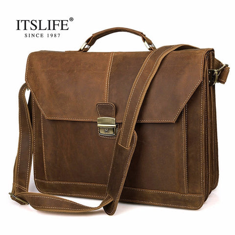 Mens Rare Crazy Horse Leather Portfolios Bags Male Large Genuine Leather Business Briefcase
