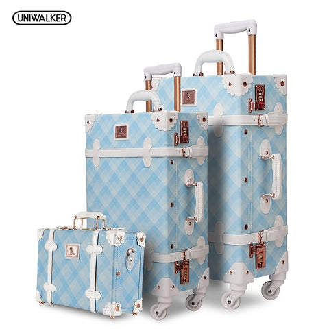 3Pcs/Set Spinner Luggage Set Vintage Print Suitcase Pu Leather Water-Resistant Upright Travel