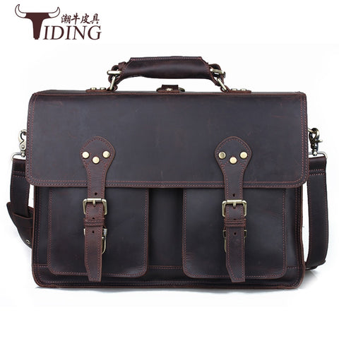 Men Crazy Horse Genuine Leather Briefcase Handbags Leather 17" Laptop Bag Big Shoulder Crossbody
