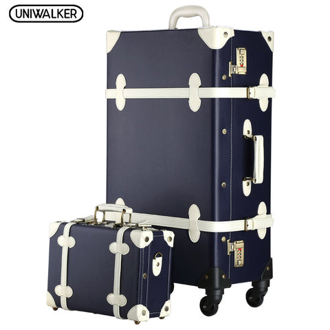 2Pcs/Set Vintage Pu Travel Luggage,12" 20" 22" 24" 26" Retro Trolley Suitcase Bags With Spinner