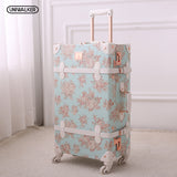 13" 20" 22" 24" 26" Girl Vintage Blue Floral Travel Trolley Luggage Suitcase, Women Retro Travel