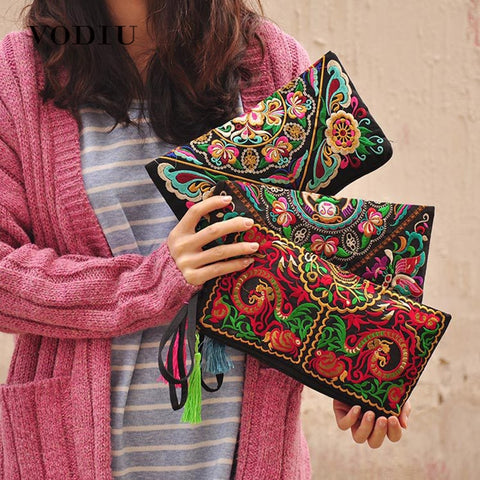 Women Bag Handbags Summer Cotton Clutch Embroidered Purse Phone Coin Tassel Small Floral Female