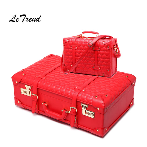 Letrend Leather Luggage Suitcase Wheels Women'S Handbag Vintage Trolley Retro Cabin Travel Bag