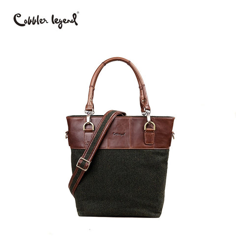 Cobbler Legend Green Stripe Genuine Leather & Blended Fabric Tote Bag Brand Handbag Women Bag