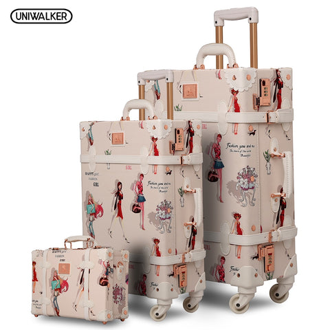 12" 20" 26" 3Pcs Set Fashion Girl Retro Rolling Luggage Bagages Pu Suitcase Trunk Vintage