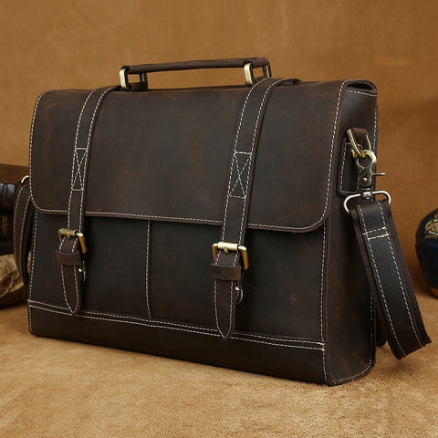 Men Brand Briefcase Crazy Horse Genuine Leather Vintage Business Bag Large Leather Briefcase Men