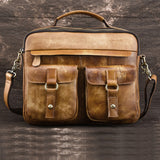 Genuine Tanned Leather Men Top-Handle Bag Briefcase Crossbody Shoulder Computer Pack High Quality