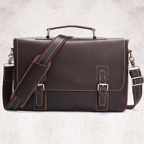 Crazy Horse Cowhide Genuine Leather Men Briefcase Computer Business Shoulder Bag Vintage
