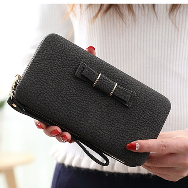 Colorful Bowknot Pendant Pu Leather Long Design Women Wallet Coin Purse Ladies Handbag Day Clutch