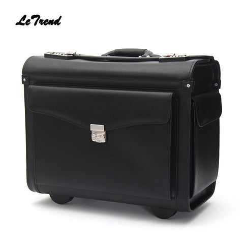Letrend Genuine Leather Pilot Rolling Luggage Casters Cabin Wheel Suitcases Captain Travel Bag 18