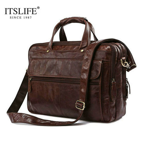 Free Shipping Hight Quality Brown 100% Genuine Leather  Men Portfolio Briefcase Laptop Bag
