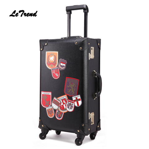 Letrend Retro Pu Leather Suitcase Wheels Rolling Luggage Spinner Women Fashion Trolley Student