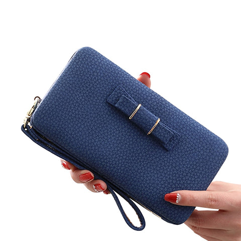 Colorful Bowknot Pendant Pu Leather Long Casual Women Bow Wallet Coin Purse Ladies Handbag Day