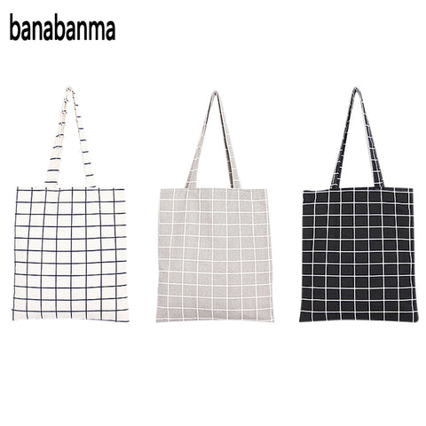 Banabanma Women Student Cotton Linen Fashion Plaid Shoulder Tote Handbag Eco Shopping Large