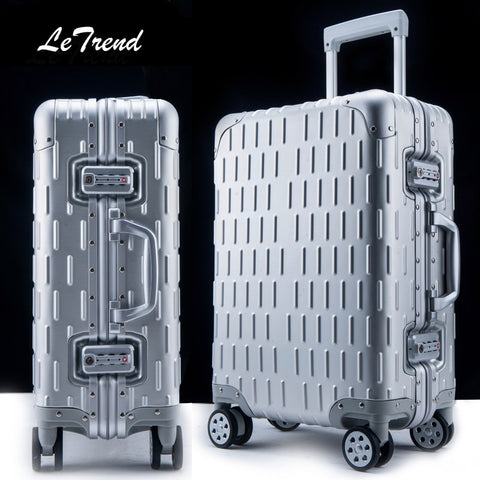 Letrend 100% Aluminum Alloy Rolling Luggage Spinner Women Trolley Travel Bag 20 Inch Men Business