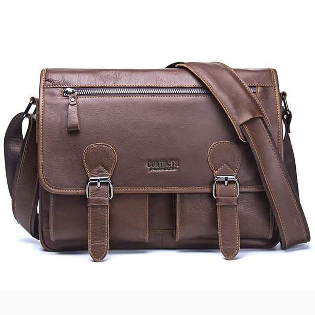 Contact'S Genuine Crazy Horse Cowhide Leather Men Messenger Bag For Laptop Male Vintage Tote