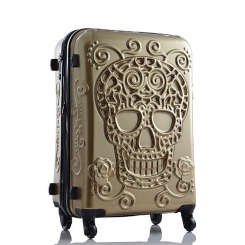 Letrend 3D Skull Rolling Luggage Spinner Women Rose Gold Suitcases Wheels Cabin Trolley Travel