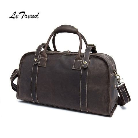 Letrend Hand Travel Bag Men Genuine Leather Multifunction Shoulder Bags Trolley Vintage Suitcases