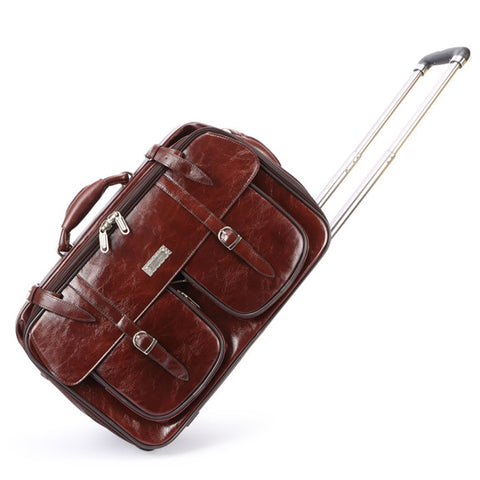 20Inch Vintage Brown Cow Split Leather Trolley Luggage On Fixed Caster Wheels,Man High Quality