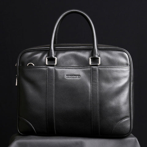 100% Full-Grain Abortive Calfskin Totes Cow Leather Business Briefcases Black Blue Brown Men