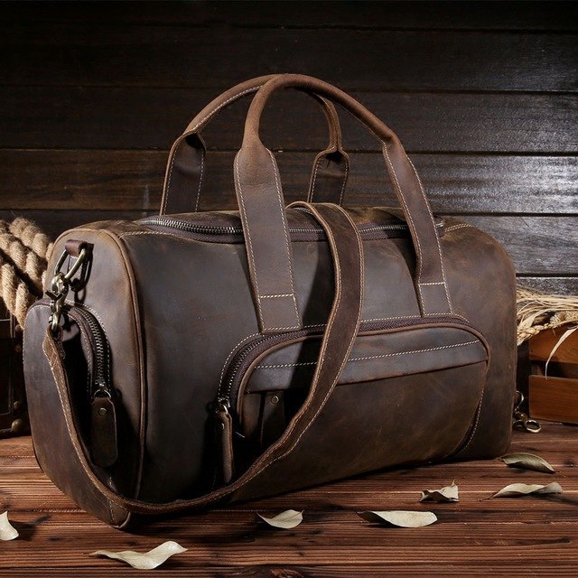 Men Genuine Leather Travel Duffle Vintage Crazy Horse Leather Travel Totes Zipper Duffel Bag
