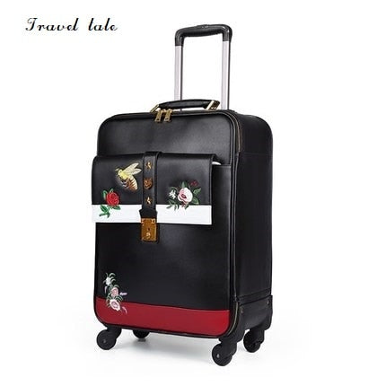 Travel Tale High Quality Fashion Embroidery 16/20/24 Size 100%Pu Rolling Luggage Spinner Brand