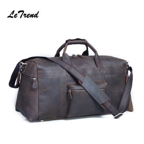 Letrend Retro Men'S Travel Bag Crazy Horse Skin Shoulder Bags Genuine Leather Luggage High Capacity