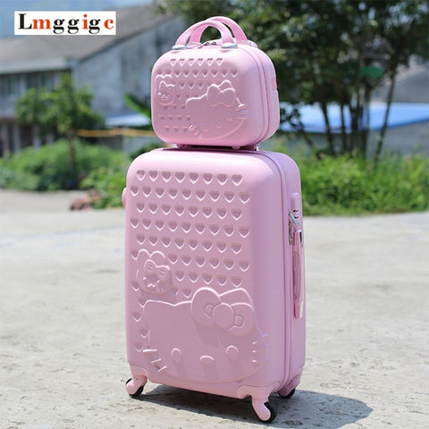 Women Children Luggage Suitcase ,Hello Kitty Bag Set,Cartoon Travel Box With Rolling ,Abs