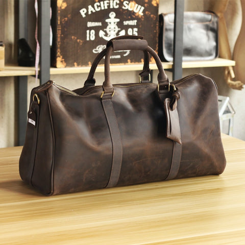 Luxury Pure Handmade Crazy Horse Leather Men'S Travel Bags Big Vintage Men Leather Handbags Perfect