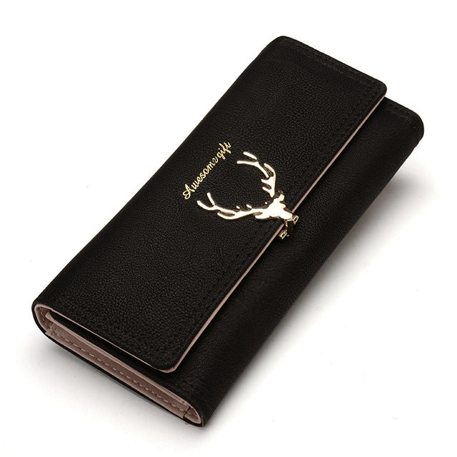 Women Wallet Card Wallet Female Purse Leather Trifold Long Coin Holder Phone Wallet Metal Christmas