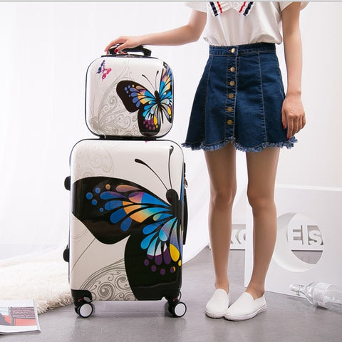 14 20Inch(2 Pieces/Set)Girl Pc Butterfly Trolley Luggage Set,Woman Fashion Boarding Travel