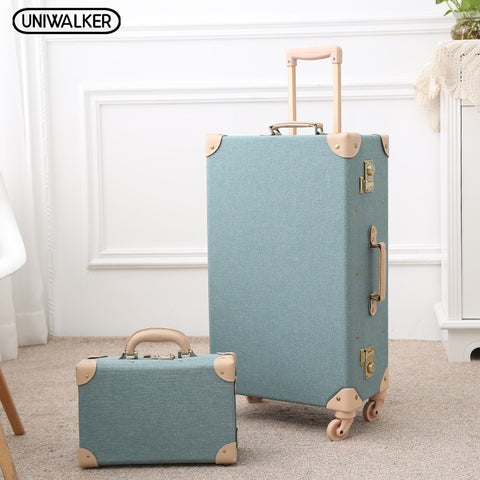 Uniwalker 12" 20" 24" 26" Green Vintage Travel Suitcase Trolley Travel Luggage Retro Trolley