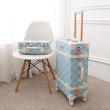 Uniwalker 20" - 26" Spinner Wheels Retro Light Blue Pu Leather Suitcase Women Trunk Vintage