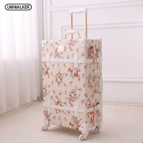 Uniwalker 20" - 26" Girl Vintage Floral Trolley Luggage Suitcase, Women Retro Travel Suitcases On