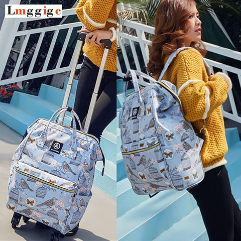 Women Rolling Luggage Bag,Canvas Travel Backpack,Suitcase With Wheel,Multifunctional Trolley