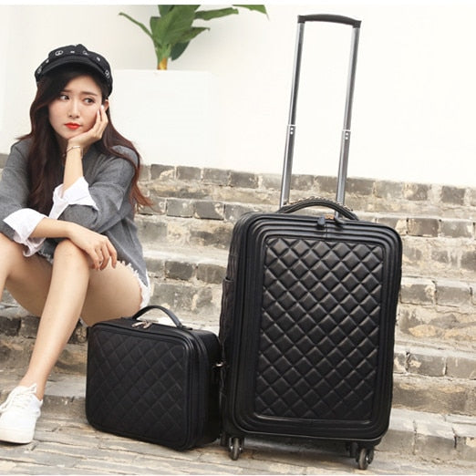 Women Luggage Set,High Quality Pu Leather Suitcase Bag,Universal Wheels Carry-Ons,Grid Pattern