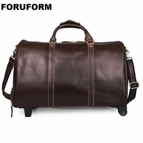 Draw-Bar Box Vintage Genuine Leather Cowhide Large Capacity Travel Luggage Men Duffle Bags
