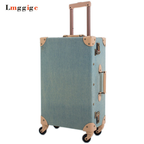 Denim Canvas Luggage Bag ,Oxford Cloth Vintage Rolling Travel Suitcase, 20" Inch Universal Wheels
