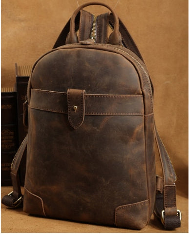 Men'S Small Genuine Leather Backpack Retro Style Cowhide Leather Cross Body Bag For Ipad Boy Travel