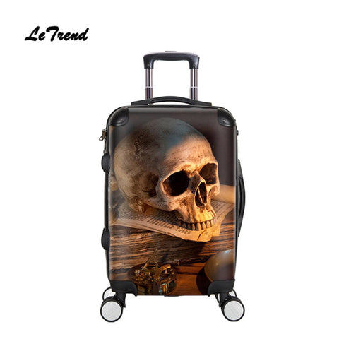 Letrend 3D Skull Rolling Luggage Spinner Men Fashion Cabin Trolley Suitcase Wheels 20 Inch Women